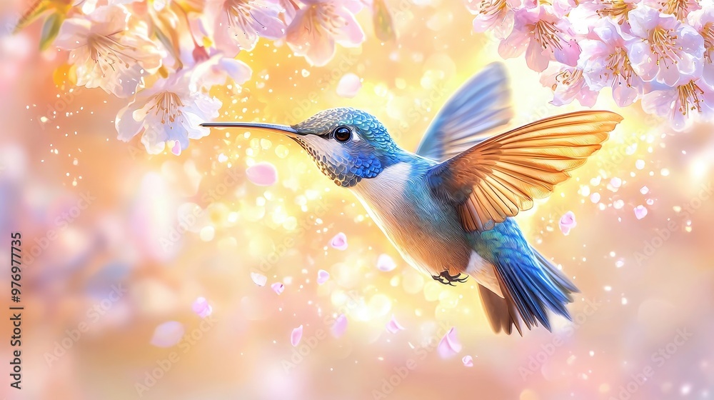 Sticker hummingbird in flight with cherry blossoms and bokeh