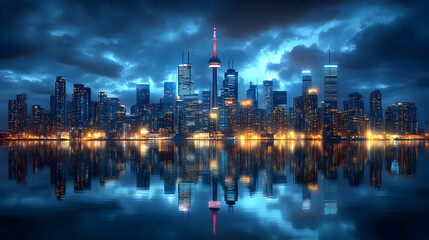 Fototapeta premium A stunning cityscape with a dramatic sky and reflection in the water.