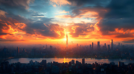 Fototapeta premium A stunning cityscape with a dramatic sunrise breaking through the clouds.