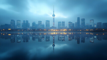 Obraz premium A stunning cityscape with a tall tower reflecting on the calm water, illuminated by city lights with a dramatic sky.