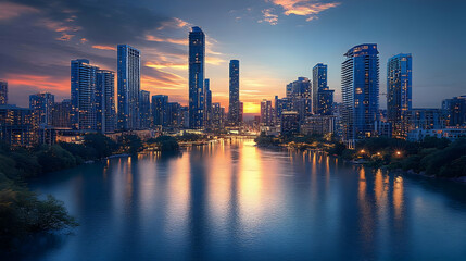 Obraz premium A stunning cityscape with modern skyscrapers reflected in a calm lake at sunset.