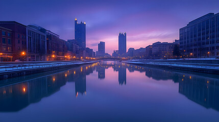 Obraz premium A stunning cityscape with modern skyscrapers reflected in the calm waters of a river at dawn. The sky is a vibrant purple and pink, creating a beautiful contrast with the buildings.
