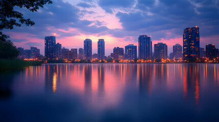 Fototapeta premium A stunning cityscape with skyscrapers reflected in the water at sunset.
