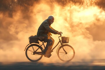 Naklejka premium An elderly man cycling through a misty landscape at sunset
