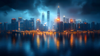 Fototapeta premium A stunning night cityscape with a dramatic sky reflecting on the water.