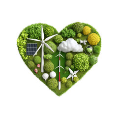 Obraz premium Eco friendly heart shape with renewable energy elements and greenery