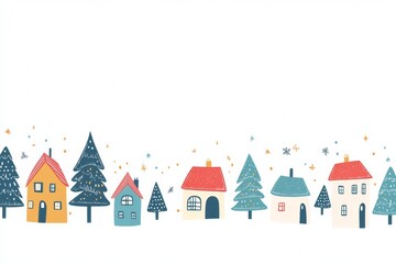 Christmas village houses and pine trees on a white background