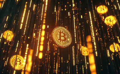 Obraz premium Multiple glowing golden Bitcoin coins against a futuristic digital background, symbolizing wealth and finance.