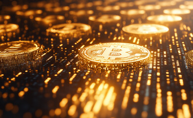 Obraz premium Multiple glowing golden Bitcoin coins against a futuristic digital background, symbolizing wealth and finance.