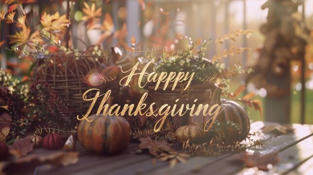 Thanksgiving website banner, "Happy Thanksgiving" in gold script, fall leaves and rustic decor, large space for text, outdoor fall setting, natural light. - Powered by Adobe
