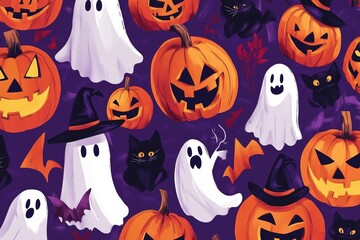 Festive Halloween Design Featuring Fun Symbols Like Pumpkins, Black Cats, and Ghosts