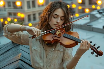 Young woman playing violin on rooftop at sunset with city lights