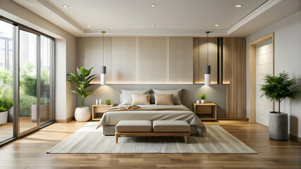 Modern bedroom interior with minimalist design and neutral color palette, modern, bedroom, interior design