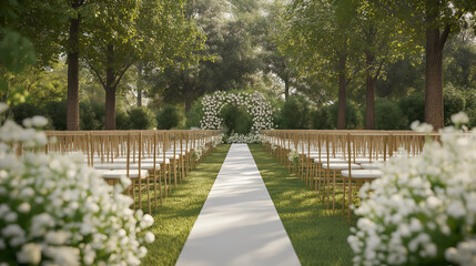 Obraz premium A beautifully decorated outdoor wedding venue with white flowers, a long, and chairs neatly arranged for guests scene is calm, with trees and greenery in the background