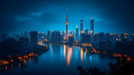 Fototapeta premium A stunning night view of Shanghai's skyline with the iconic Oriental Pearl Tower. The cityscape is illuminated with twinkling lights, reflected in the serene waters of the Huangpu River.