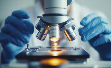Close-up of a microscope being used by a scientist for research and sample analysis.