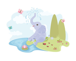 A baby elephant swims on the shore of the lake. A children s illustration depicting a baby elephant sitting on the riverbank, against a blue sky background. The baby elephant splashes in the water.