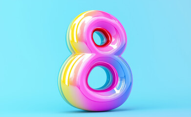 Obraz premium Glossy rainbow-colored number eight against a light blue background.