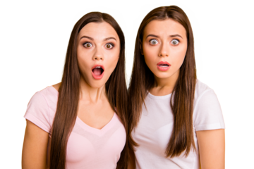 Close up photo two people beautiful funky funny she her ladies models open mouth eyes full fear not believe bad news information wear white pink casual t-shirts isolated yellow background