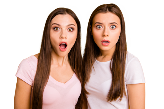 Close up photo two people beautiful funky funny she her ladies models open mouth eyes full fear not believe bad news information wear white pink casual t-shirts isolated yellow background