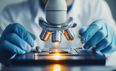 Close-up of a microscope being used by a scientist for research and sample analysis.