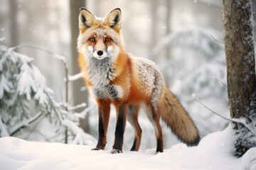 Fototapeta premium Fox standing alert in a snow-covered forest, embodying wild animals in winter