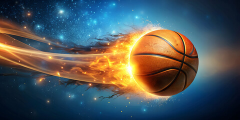 Obraz premium Flying basketball ball with flames, on abstract blue background with sparkles, basketball, flying, flames, sports, abstract