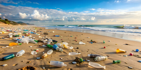 A polluted beach with plastic bottles scattered on the sand, pollution, environmental, waste, garbage, ocean