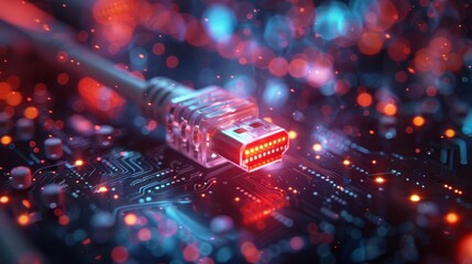 Futuristic closeup of a glowing red network cable on a digital circuit board with bokeh lights.
