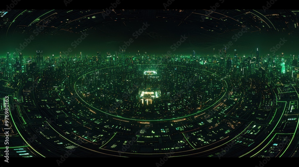 Poster futuristic cityscape with green neon lights and circular roads