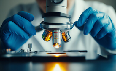 Close-up of a microscope being used by a scientist for research and sample analysis.