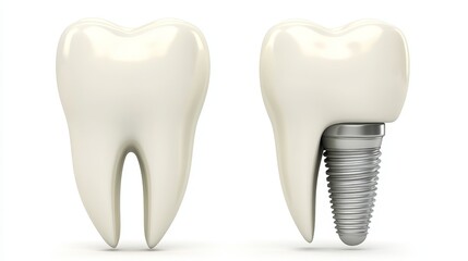 Dental Implant and Healthy Tooth, Close Up Comparison on White Background with Copy Space