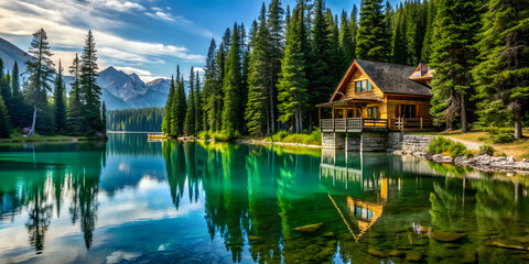 Chalet overlooking a crystal lake surrounded by pine trees, chalet, crystal lake, pine trees, nature, tranquil, serene
