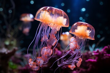 Glowing jellyfish drifting through dark ocean waters, showcasing its ethereal bioluminescence
