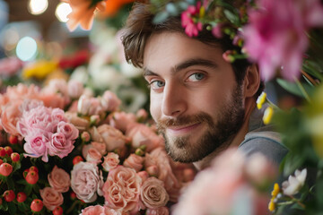 Obraz premium Beautiful scenic flower store shop with its owner nursing blossom arranging bouquet, Generative AI