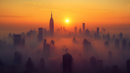 A stunning sunrise over a city skyline with fog and the sun shining through.