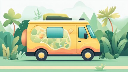 Obraz premium A bright, playful cartoon tour van with exaggerated windows and a big map icon on the side, driving toward adventure.