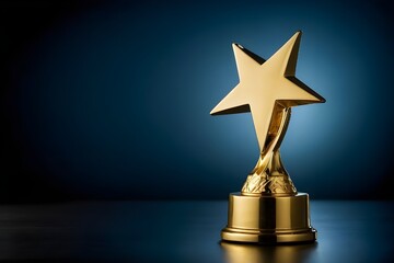 gold star trophy on blue background, gold star award