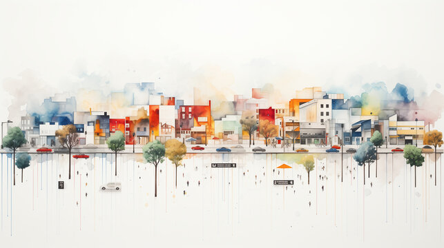 A vibrant cityscape illustration featuring colorful buildings, trees, and vehicles, capturing essence of urban life with whimsical touch. artwork evokes sense of community and movement.