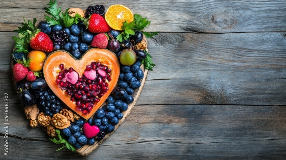 Sticker A heart shaped fruit and vegetable plate on a wooden table, AI