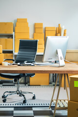 Workspace with desktop computer, office supplies, houseplant and coffee cup at office. desk work concept.