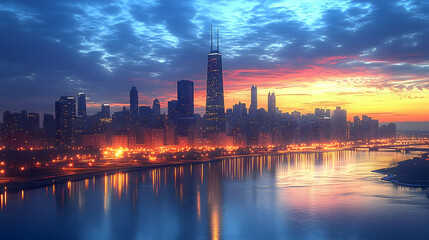 Naklejka premium A stunning sunrise over the Chicago skyline with the city's iconic skyscrapers silhouetted against the colorful sky. The water reflects the glow of the city lights and the rising sun.
