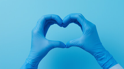Obraz premium Hands wearing medical gloves forming a heart shape on a blue background.