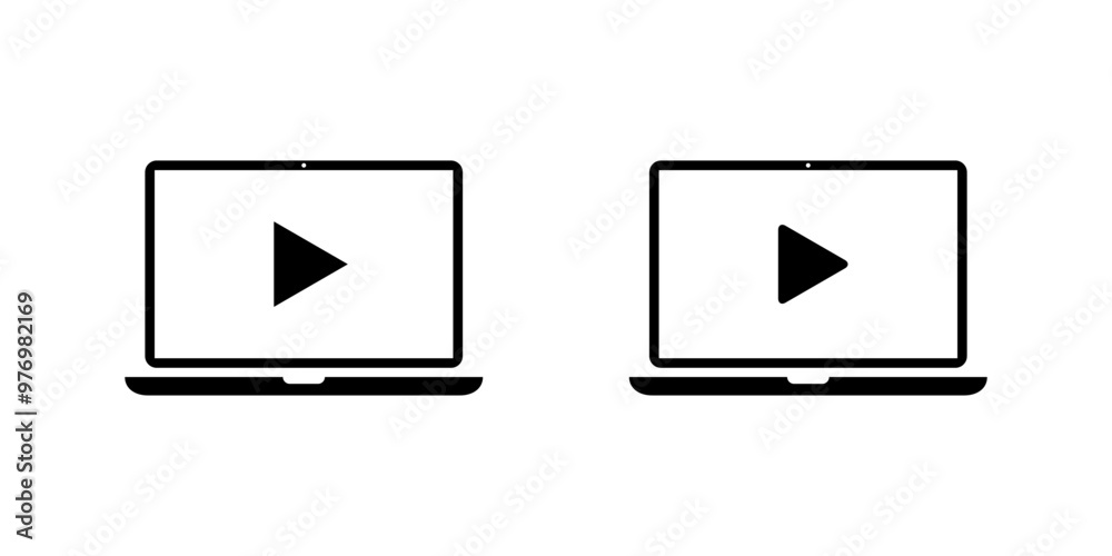 Poster play on laptop computer screen icon. video player on computer display concept