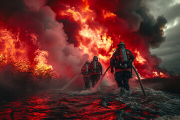 Obraz premium AI generated picture photo of professional firefighter rescue service fight with fire