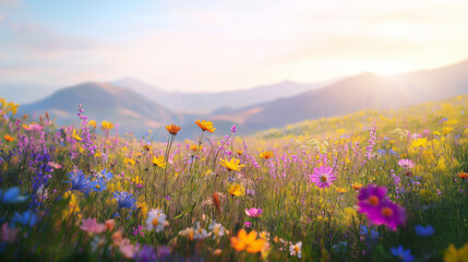Obraz premium A vibrant field of wildflowers blooming in various colors like purple, yellow, and pink meadow is bathed in soft sunlight with rolling hills in the background