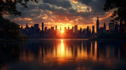 Fototapeta premium A stunning sunrise over the New York City skyline, with the sun peeking through the clouds and reflecting off the water.