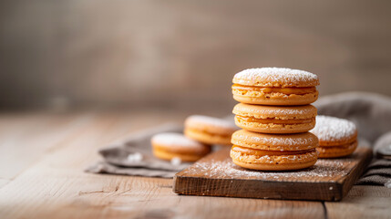 Delicious macarons stacked on wooden board, dusted with powdered sugar, create tempting dessert display. warm tones and soft textures evoke cozy atmosphere.