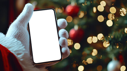 Santa is holding a mobile phone in front of a flashing decorated Christmas tree. A mockup of a stylish Phone in a New Year's atmosphere