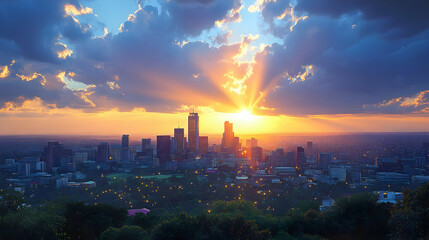 Obraz premium A stunning sunset casts a golden glow over a city skyline, with clouds creating a dramatic backdrop.